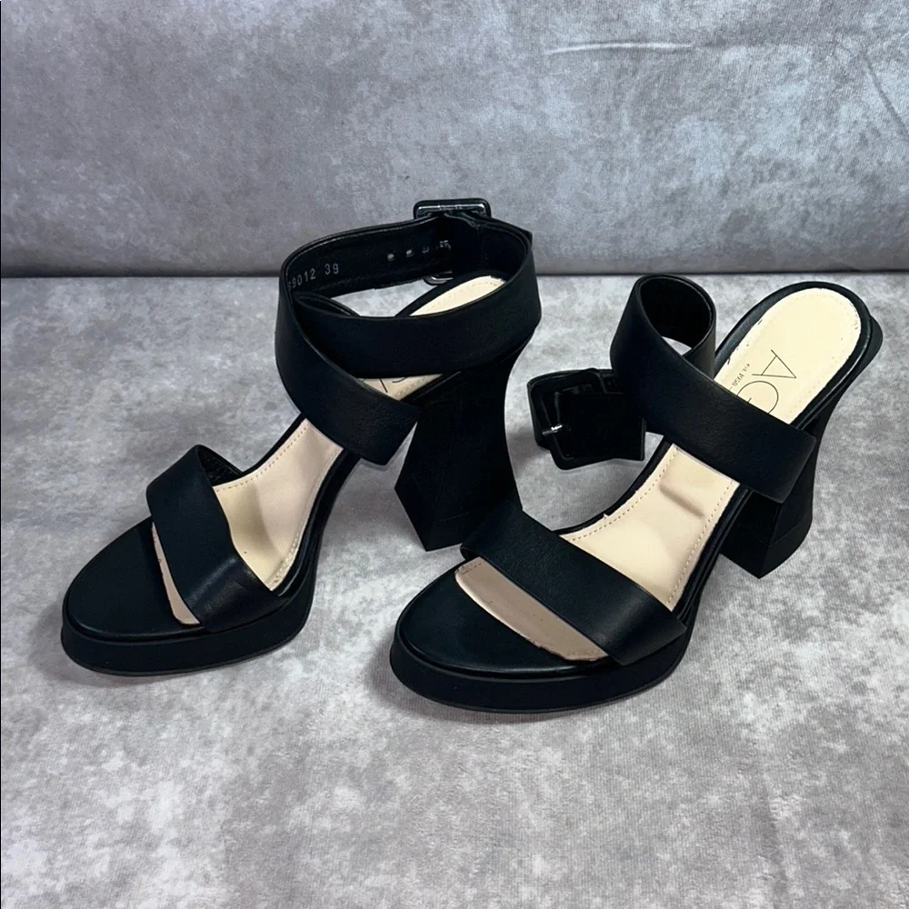NWT AGL Janis Sandal Black Platform Sandals Heel Ankle Wrap Buckle Size 39